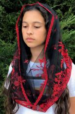 Devotional Infinity Church Veil Mantilla Black-Red (22" x 18")